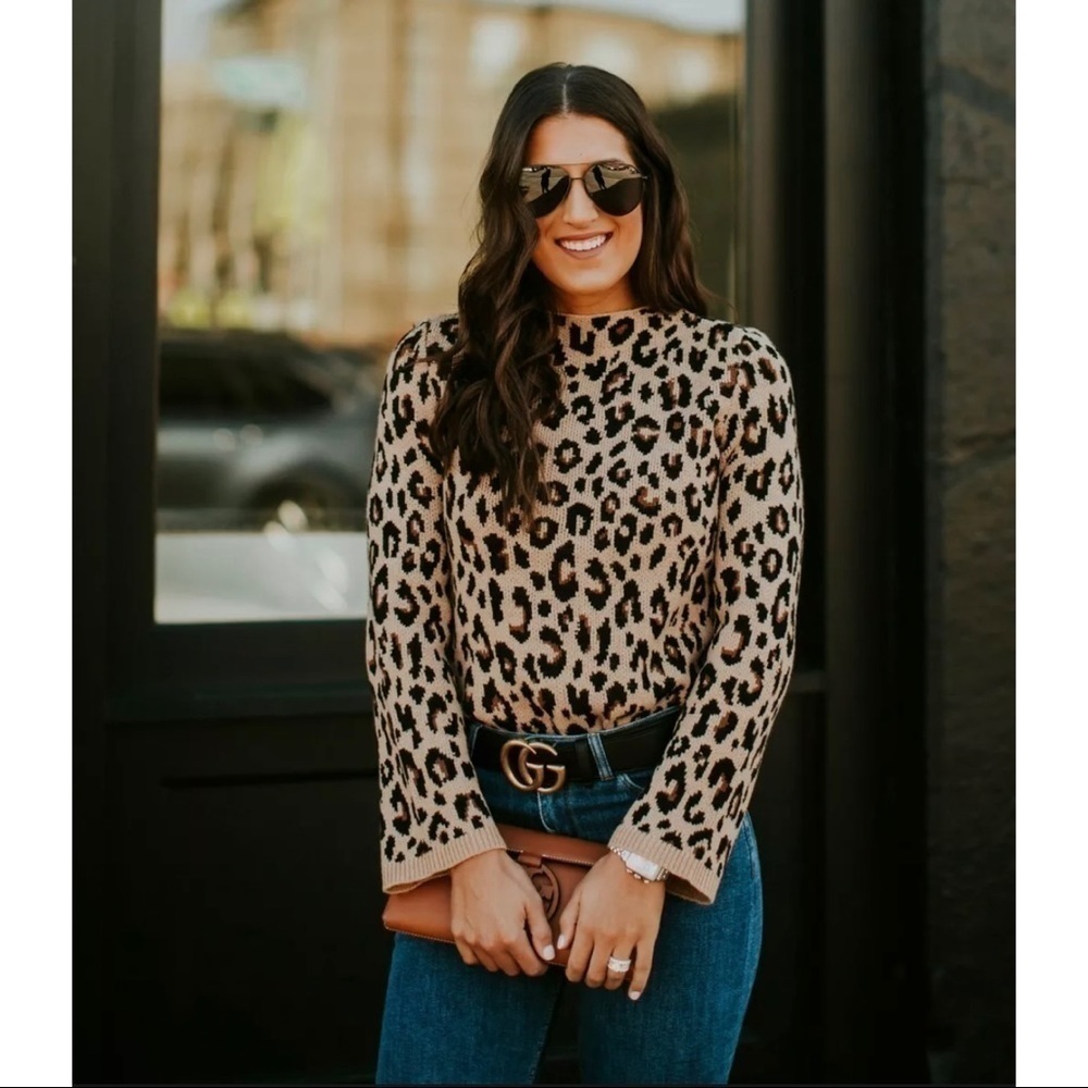 Ann Taylor Womens XS Leopard Print Wool Blend Mock Neck Knit Sweater Brown
